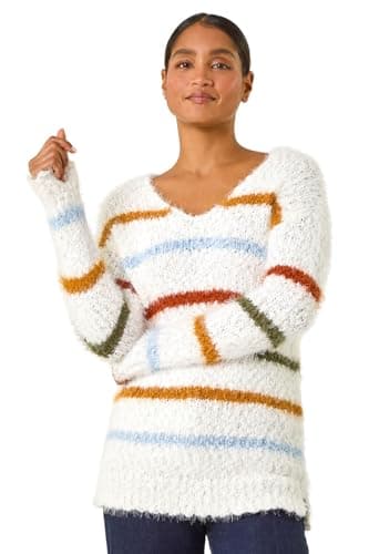 Image of Roman Originals V-Neck Stripe Knit Jumper for Women UK - Ladies Everyday Autumn Winter Comfy Soft Evening Vacation Work Party Night Out - Ivory - Size 16
