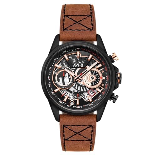 Image of AVI-8 Men's 44mm Hawker Harrier Matador Chronograph Desert Black Watch with Leather Strap AV-4125-02