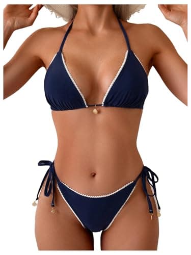 Image of GORGLITTER Women's Floral Print Halter Triangle Bikini Set 2 Piece Smocked Tie Side Bathing Suits Swimsuits High Waisted Thong Bikini Sets Dark Blue S