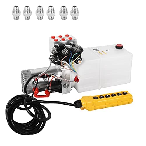 Image of 6 Quart 6 Way Hydraulic Power Unit 12V DC Double Acting Solenoid Hydraulic Pump with Plastic Reservoir for Dump Trailer Car Lifting