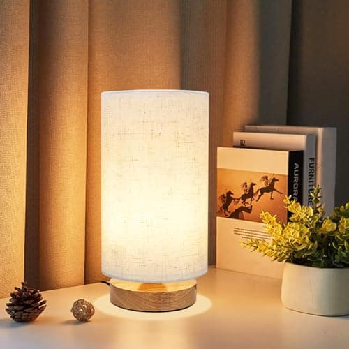 Image of Lamp for Bedroom, Small Table Lamp Minimalist Bedside Light with Linen Fabric Shade Classic On/Off Switch and Natural Wooden Base Bed Side Lamp for Living Room, Office, Desk (Warm Light Bulb Included)