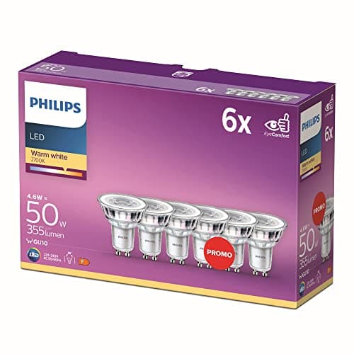 Image of Philips LED Classic Light Bulb 6 Pack [GU10 Spot] 4.6 W - 50 W Equivalent, Warm White (2700K), Non Dimmable, Standard Range