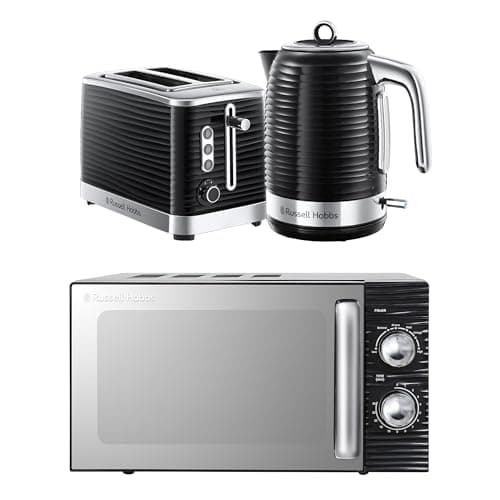 Image of Russell Hobbs Inspire Black Kitchen Set, 1.7L 2400W Kettle, 2 Slice Toaster with Variable Browning Levels & 17L 700W Microwave with 5 Power Levels, Defrost & Reheat Functions INSPBNDL2B