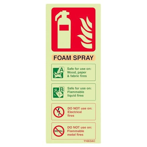Image of V Safety 11003AC-G Glow In The Dark Foam Spray Id Not Electrical Safe Fire Extinguisher Sign - 75mm x 200mm - Rigid Plastic, Beige/Black/Green/Red