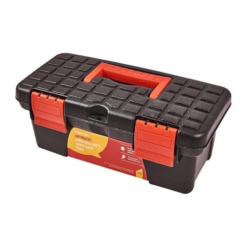 Image of Lotus 10" Mini Plastic Tool Box with Removable Tray, Small Portable Storage Case with Carry Handle, Padlock Hole, Black & Red DIY Tool Organiser, lot-N0135