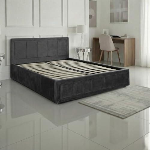 Image of SANA SLEEP Ottoman Bed Frame - Fabric Storage Upholstered Double Bed - Gas Lift Bed Base in Small Double King Super King Size - No Mattress (4FT6 PLUSH BLACK)
