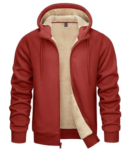 Image of KEFITEVD Men's Hoodie Zip Up Casual Jackets Winter Warm Hooded Sweatshirt Sherpa Fleece Lined Hoodies,Orange Red,M