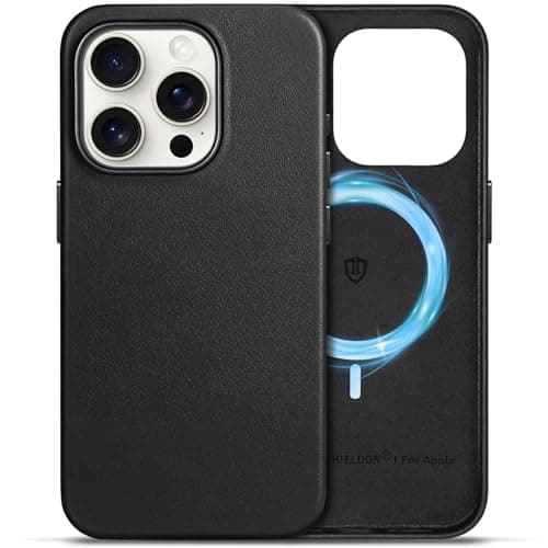 Image of SHIELDON Case for iPhone 15 Pro, Genuine Leather Shockproof Phone case [Slim Fit][Non-Slip][Anti-Scratch] Magnetic Wireless Charging Case with Metal Buttons Compatible with iPhone 15 Pro 6.1” - Black
