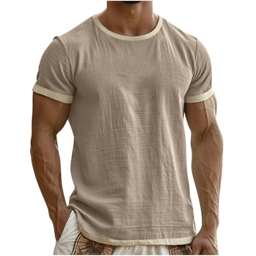 Image of Mens T Shirts Short Sleeve - Cotton Linen Crew Neck T-Shirts Breathable Oversize Tshirts Summer Holiday Teesbasic Sport Tshirts Gym Tops Soft Tee Shirts Streetwear S-3Xl Khaki