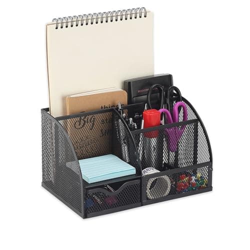 Image of Eidoct Mesh Desk Organiser & Pen Holder with 6 Compartments + Slide Drawer - Multi-Use Office & Home Storage Solution for Stationery, Files, Desk Accessories (Black)