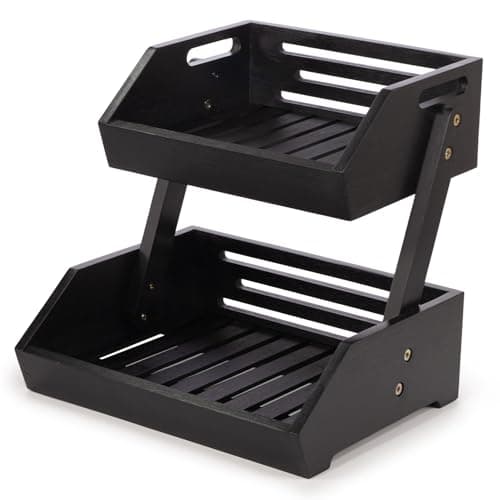 Image of woodluv Storage Basket 2 Tier, Fruit Vegetable Rack, Display Rack, Organiser for Home, Kitchen or Office, Spice Jar Holder, Storage Rack, Fruit Stand for Kitchen, Bathroom Storage, Black