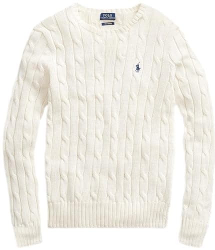 Image of RALPH LAUREN Women's Crewneck Cable Knit Pony Logo Sweater, Rl Cream, L