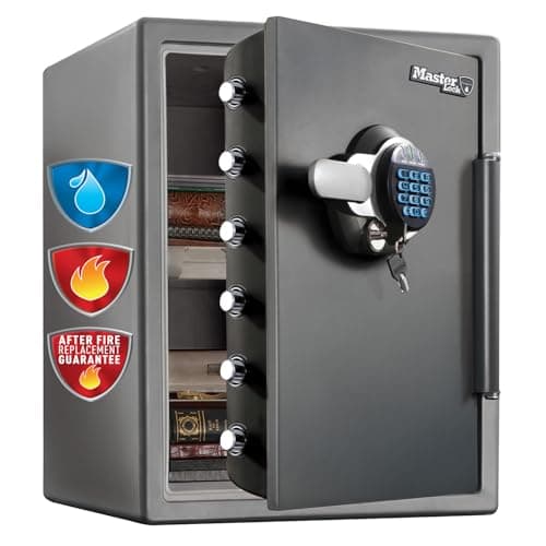 Image of MASTER LOCK Certified Fireproof and Waterproof Safe, 56 L, 605 x 472 x 690 mm, Digital Combination with backup Key and Backlit Keypad, for home and professionals