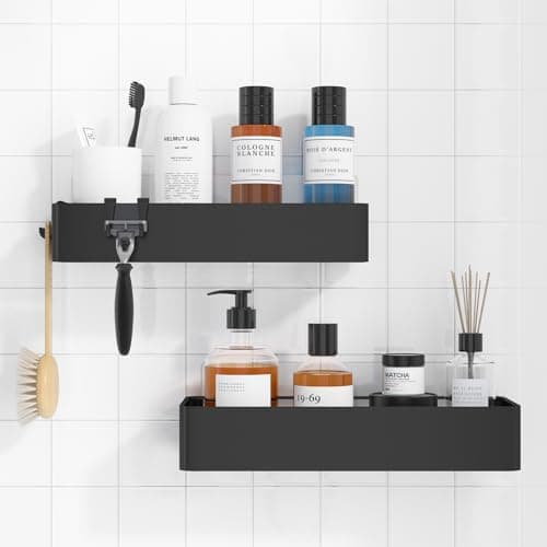 Image of Kitsure 2 Pack Rustproof Shower Caddy - 2 Shelves, Drill-Free & Quick-Dry Shower Organizer, Rustproof Bathroom Shelves with 4 Hooks, Large, Black