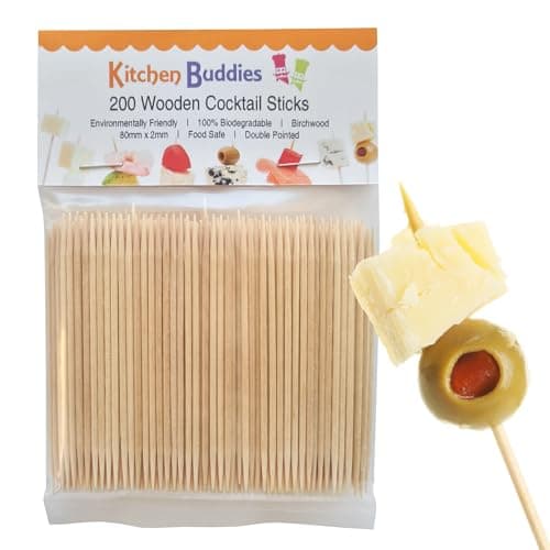 Image of 200 Wooden Cocktail Sticks - Premium Birchwood Double Pointed 8cm - Food Safe & 100% Biodegradable - for Food, Cocktails & Oral Hygiene