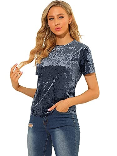 Image of Allegra K Women's Christmas Velvet Top Crew Neck Short Sleeve Casual T-Shirt, Gray Blue, XS