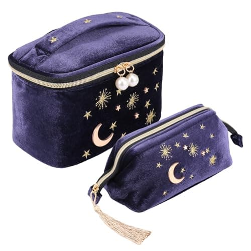 Image of 2Pcs Handy Cosmetic Bag, Embroidered Moon Stars Makeup Bag, Birthday Gifts for Women, Large Capacity Starry Makeup Pouch with Tassels for Travel Home