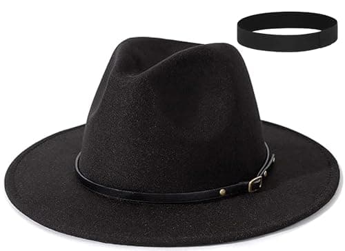 Image of EOZY Wool Fedora Hats for Men Women Felt Panama Trilby Cap Wide Brim Jazz Hat for Beach Party Church Black