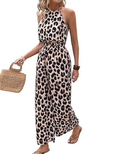 Image of Fronage Jumpsuits for Women Uk Summer Leopard Print Halter Neck Rompers Wide Leg Pants Sleeveless One Piece Outfits