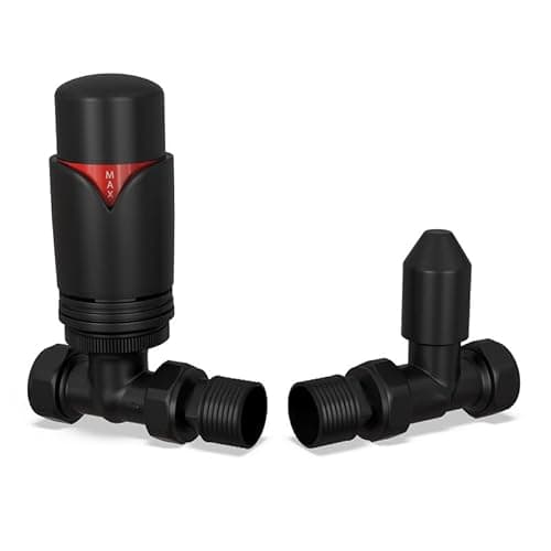 Image of UK Radiators Black Thermostatic Radiator Valve and Straight Lockshield Valve - Matt Black Finish - Classy and Modern Design 1/2" x 15mm Straight Radiator Valve