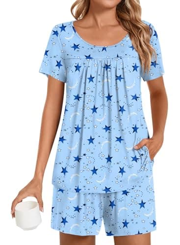 Image of POPYOUNG Plus Size Womens Pajamas Sets 2 Pieces Lounge Sleepwear Ladies Pjs Sets with Pockets XL, Dark Blue Stars/Moon