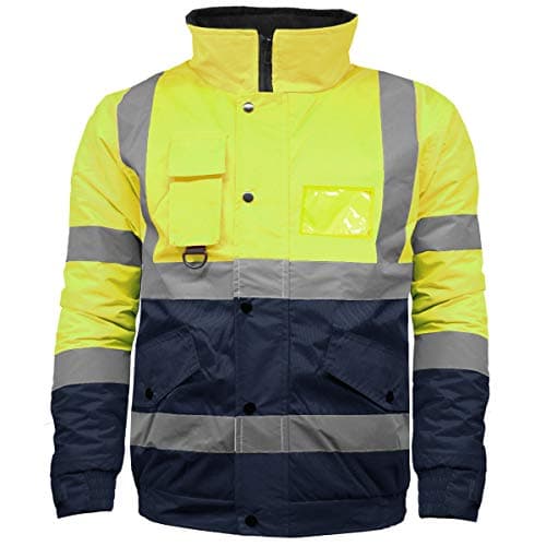 Image of High Visibility Safety Security Reflective Protective Waterproof Workwear Bomber Jacket Fluorescent (M, Yellow/Navy)