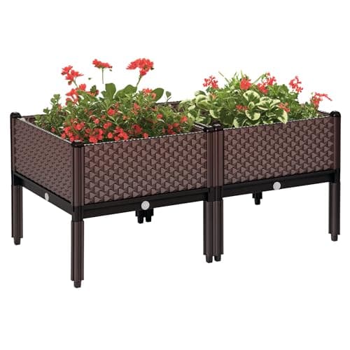 Image of Outsunny Set of 2 Indoor/Outdoor Planter Boxes | Garden Raised Elevated Beds, Flowers Vegetables Fruits Herbs Container w/Self-Watering Design Drainage Holes, Brown