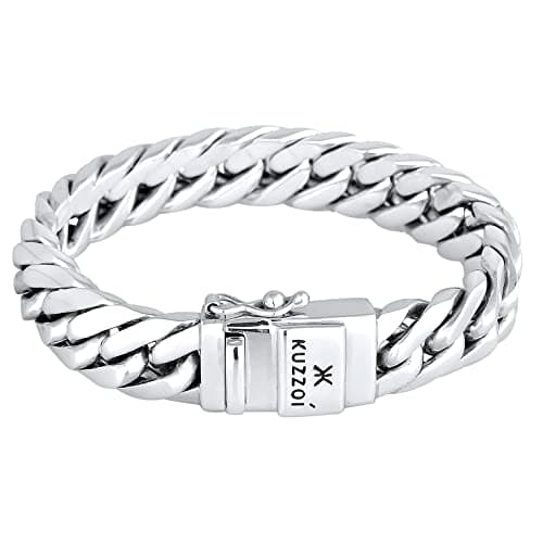 Image of Kuzzoi Buddha Silver Bracelet for Men Handmade Curb Bracelet (14 mm) Made of Solid 925 Sterling Silver Polished 90 g Heavy 335101, 7 48 inch, Sterling Silver, No Gemstone