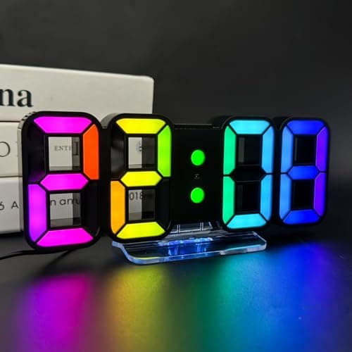 Image of Seutgjie Digital Alarm Clock LED Display, 3D Digital Desk/Wall Clock RGB 14 Colors Snooze 12/24H 3 Adjustable Brightness Night Mode Double Alarm with Remote Control Black for Bedrooms Gaming Room