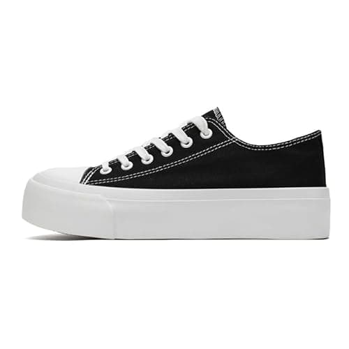 Image of Ladies Fashion Platform Trainers Women’s Platform Low Top Lace Up Canvas Shoes Pumps Plimsolls Outdoor Tennis Walking Shoes Black
