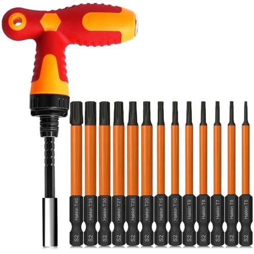Image of Hakkin Torx Bit Set - 13pcs Tamper Proof Torx Bits (T5-T40) with T-Ratchet Screwdriver - 75mm - S2 Steel - 1/4" Hex Shank - Magnetic