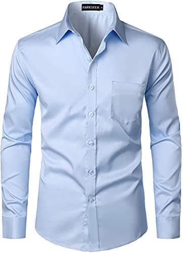 Image of PARKLEES Men's Urban Stylish Casual Business Slim Fit Long Sleeve Button Up Dress Shirt with Pocket Sky Blue M