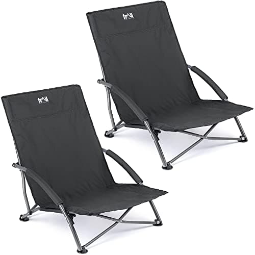 Image of Trail Outdoor Leisure Low Folding Beach Chair, Lightweight Portable Camping Festival Picnic Lounger Seat, Padded Armrests, Carry Bag with Strap (2 x Black)