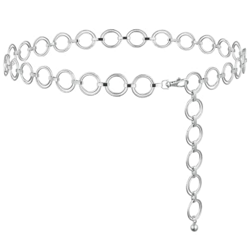Image of Alaoo Metal Waist Chain Belt for Women, Adjustable Hollow Out Chain Belt, Concert Outfit for Dress Waist Chains for Jean Pants Dress Silver (E-135CM, Diameter 21mm)