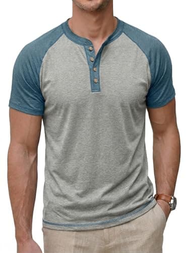 Image of CTU Men's Henley T-Shirt Grandad Raglan Sleeve Button Shirts Casual Contrast Coloured Tops XL