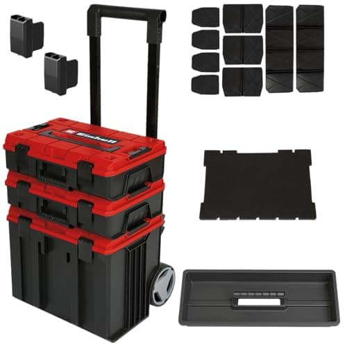 Image of Einhell E-Case Tower Tool Storage System - 3 Stackable Cases With Wheels And Telescopic Handle - Power Tool Box, Lockable, Protective Storage And Transport Of Tools And Accessories