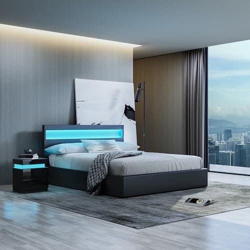 Image of Senvoziii Ottoman Lift Storage Bed Frame with LED Headboard, 4FT Small Double Size Bed Frame, Faux Leather Upholstered Bed Frame with Gas Lift Up Storage, for Bedroom Furniture, Black, LB01SD-BK