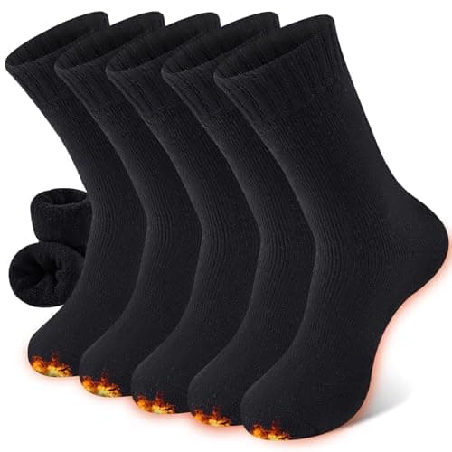 Image of Niorasen Thermal Wool Socks for Women 5 Pairs Multipack, Ladies Warm Winter Walking Hiking Crew Socks for Boots, Thick Comfy Cushioned, Black & Multicolour, Valentines Birthday Gifts for Girlfriend
