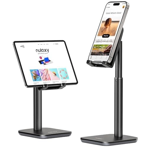 Image of Nulaxy Phone Stand, Height Angle Adjustable Mobile Phone Holder Cradle Dock for Desk, Compatible with iPhone 17 16 15 14 13 12 11 Pro Max Mini Xs Xr X 8 7 6 Plus, All Smartphones (4-8 inches) - Black