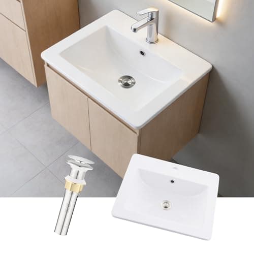 Image of BoomHoze Bathroom Sink Plan 500 mm, White Ceramic Countertop Basin, 53x46x17 cm, 17 cm Bowl Depth, Wash Basin with Overflow, Stainless Steel Pop-up Drain, Pipe Kit, Furniture-Mounted