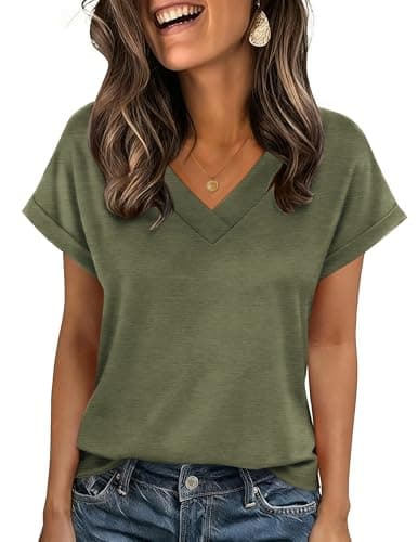 Image of Zeagoo Women's Short Sleeve Shirts Oversized T-Shirt V Neck Ladies Summer Basic T Shirt Army Green XL