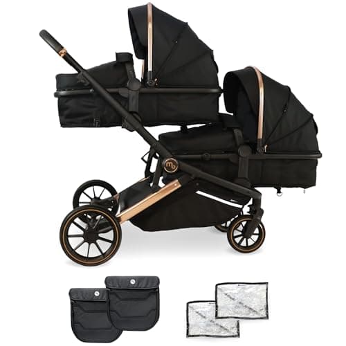 Image of My Babiie MB33 Tandem Pushchair – Birth to 15kg Double Stroller, Twin Convertible Seat Units, 11 Configurations, Duo, Rain Covers – Rose Gold Black