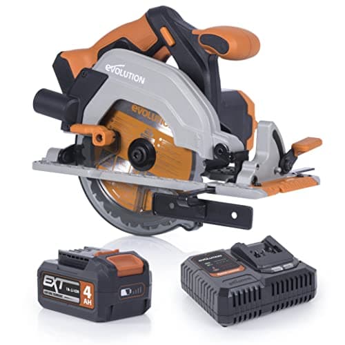 Image of Evolution Power Tools R165CCS-Li Circular Saw Cordless 18v Lithium Ion EXT Includes 165mm Multi-Material Blade, Cuts Wood, Metal, Plastic, Bevel Tilt for Angled Cuts - Battery & Charger Included