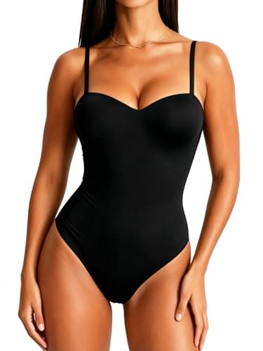 Image of Navneet Women Sweetheart Neck Bodysuits Adjustable Strap Bodysuit Built In Bra Sexy Going Out Tops Clubbing Festival Outfits Black S