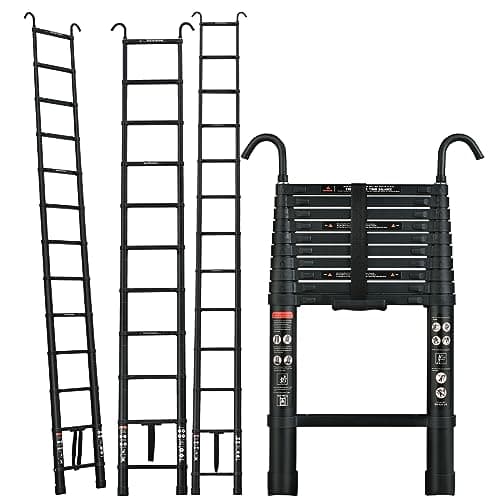 Image of 5M/16.4FT Telescopic Ladder Loft Ladder with 2 Hooks, Aluminium Extension Foldable Ladder Multi Purpose Ladder with Adjustable Height, Non-Slip Feet for Household, Max Load 150kg/330lb, Black