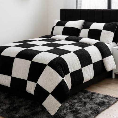 Image of John Aird Teddy Fleece Patterned Square Check Duvet Cover Quilt Bedding Set With Pillow Cases (Black/White, Double)