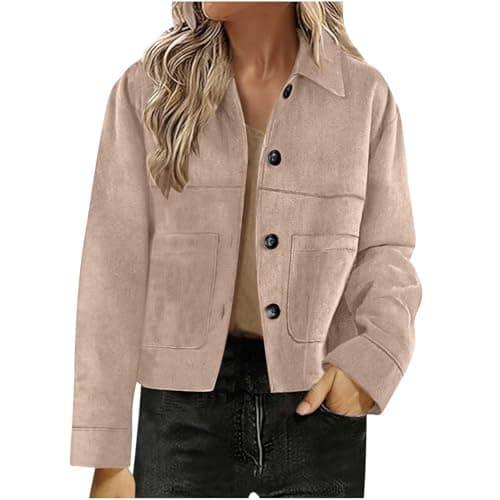 Image of Women's Faux Suede Bomber Jacket Spring Lapel Pilot Coat Oversized Long Sleeves Trendy Streetwear Outerwear Button Down Suede Jacket Casual Cropped Coat Ladies Elegant Trench Coats Jackets for Women
