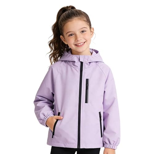 Image of JinBei Kids Waterproof Jackets Boys Girls Lightweight Windbreaker Hooded Windproof Jacket with Zipper Pockets and Reflective Strips Outerwear Raincoat Purple Coat Clothes for 13 Years
