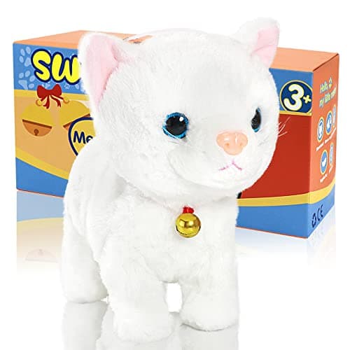 Image of SWTOIPIG Interactive Plush Cat Toys for Kids, Reliable Robotic Electronic Cats Sound and Touch Control, Realistic Soft Plush Toy Cat That Walks and Meow Box, Kitty Toys Gift White
