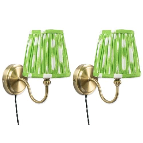 Image of ValueLights | Plug in Antique Brass Wall Lights with Green Pleated Fabric Tapered Lampshade | Wall Lamps & Sconces, Home Décor & Improvement Essential | Pair of 2